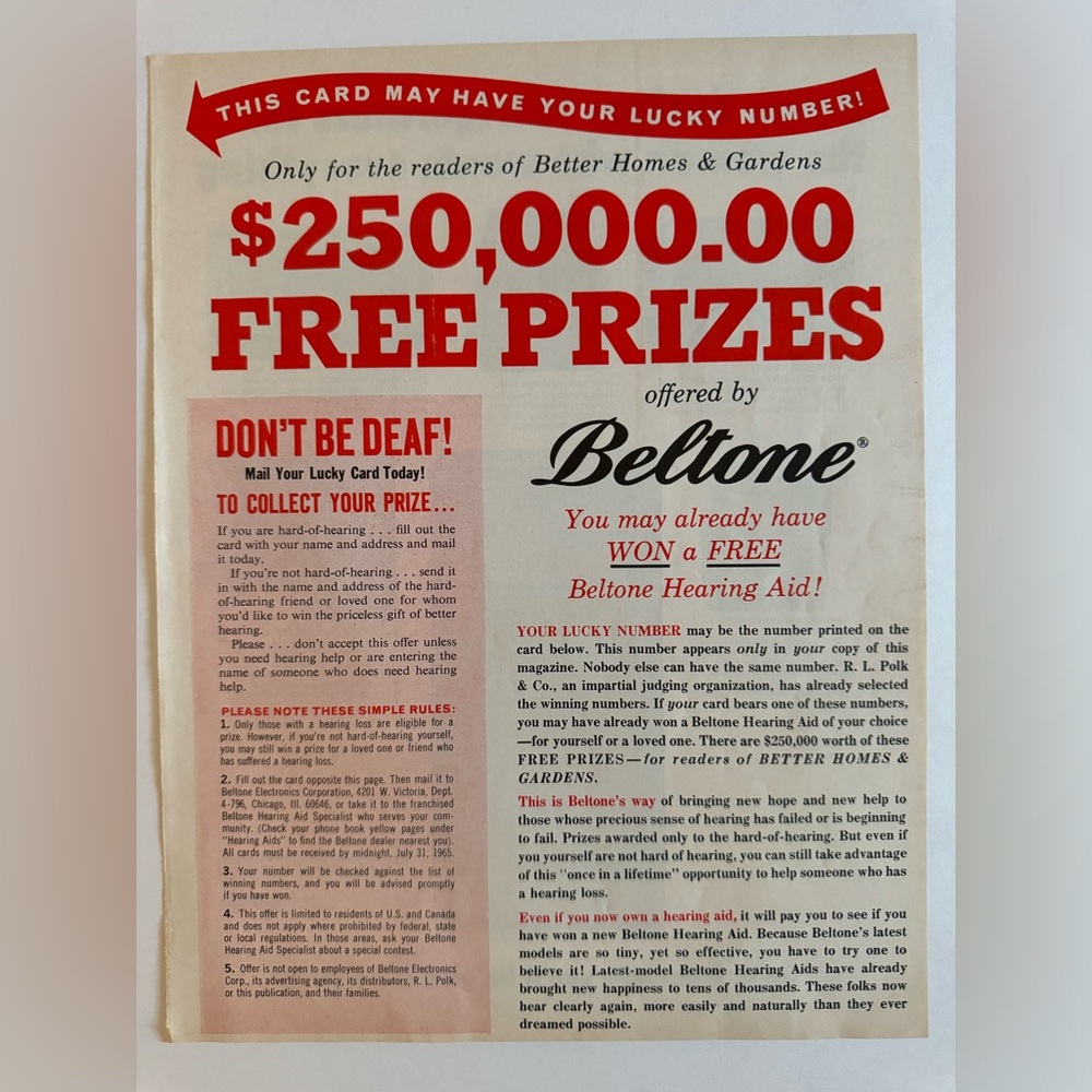 5/$20 Belton Vintage ad, Home and Garden Magazine 1965